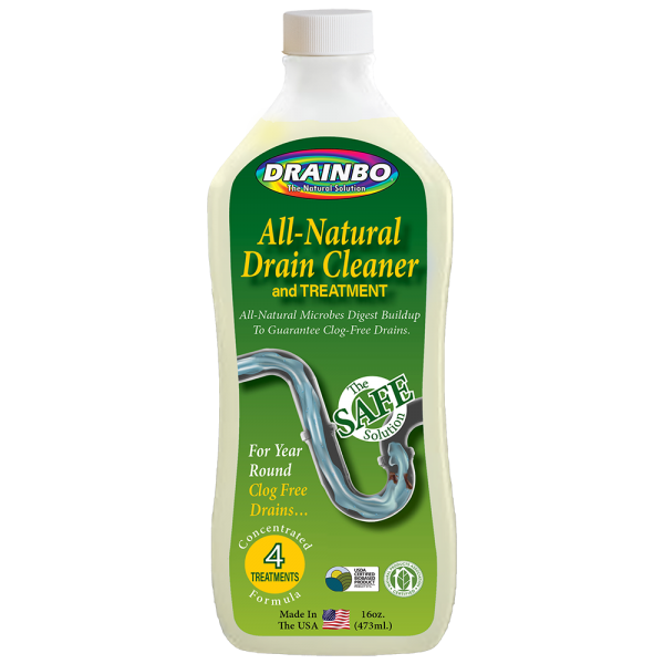 An image of Drainbo's tall 16oz all-natural drain cleaner with 4 treatments