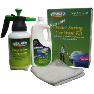 An image of the ultimate car wish kit featuring Drainbo's pump and spray applicator with the All Natural Extreme Water Saving Car Wash Kit