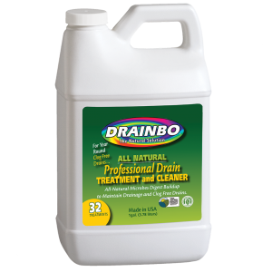 An image of Drainbo's wide and tall 32oz all-natural drain cleaner with 32 treatments