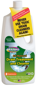 An image of Drainbo's tall 32oz all-natural drain cleaner with 8 treatments