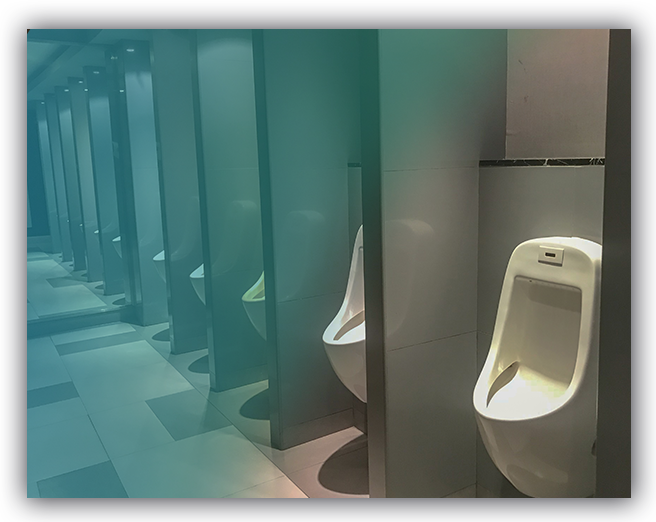 Functioning commercial bathrooms with Drainbo's urinal block and screen